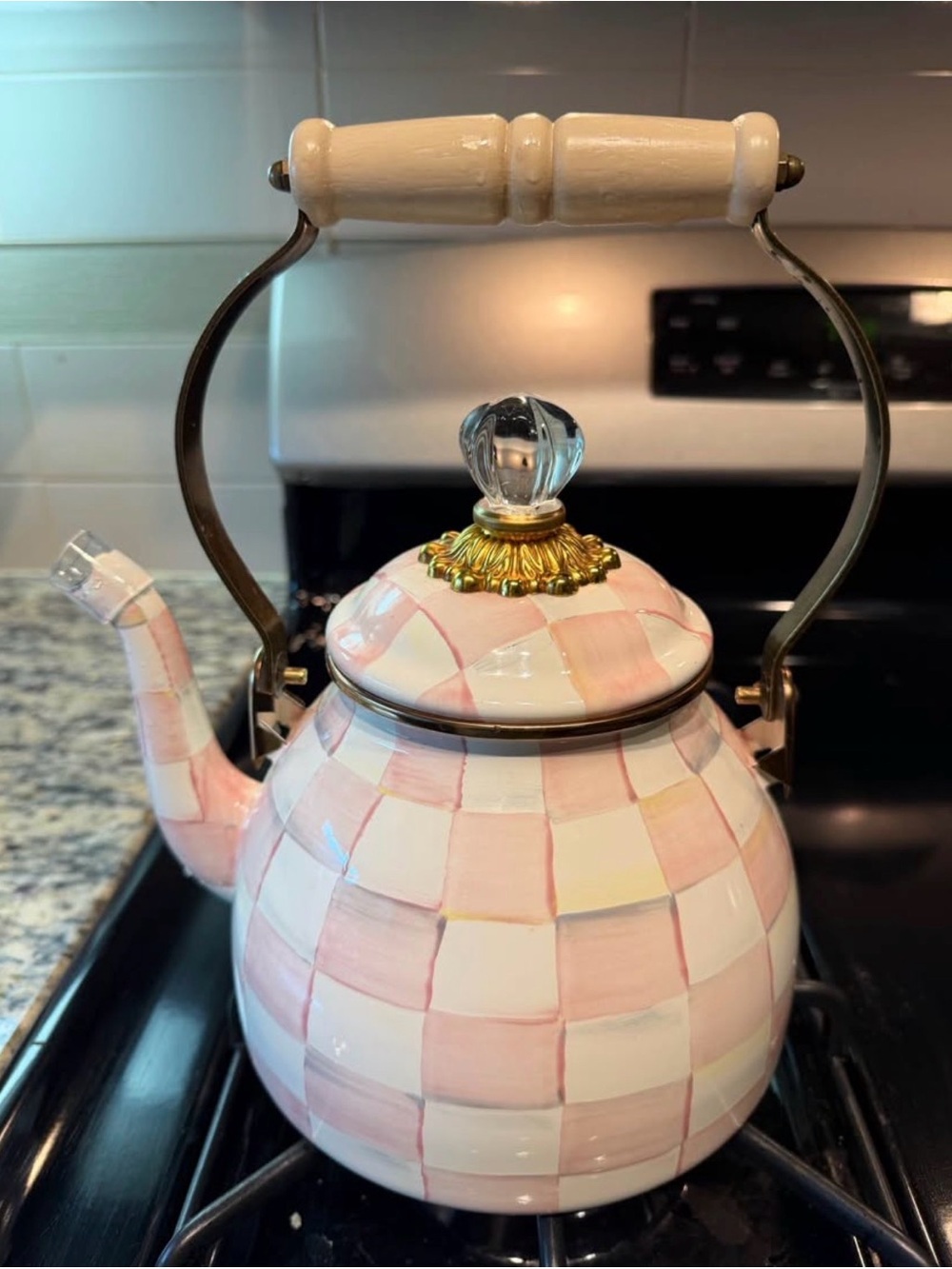 Mackenzie Childs pink Check Ceramic Whistling Tea Kettle